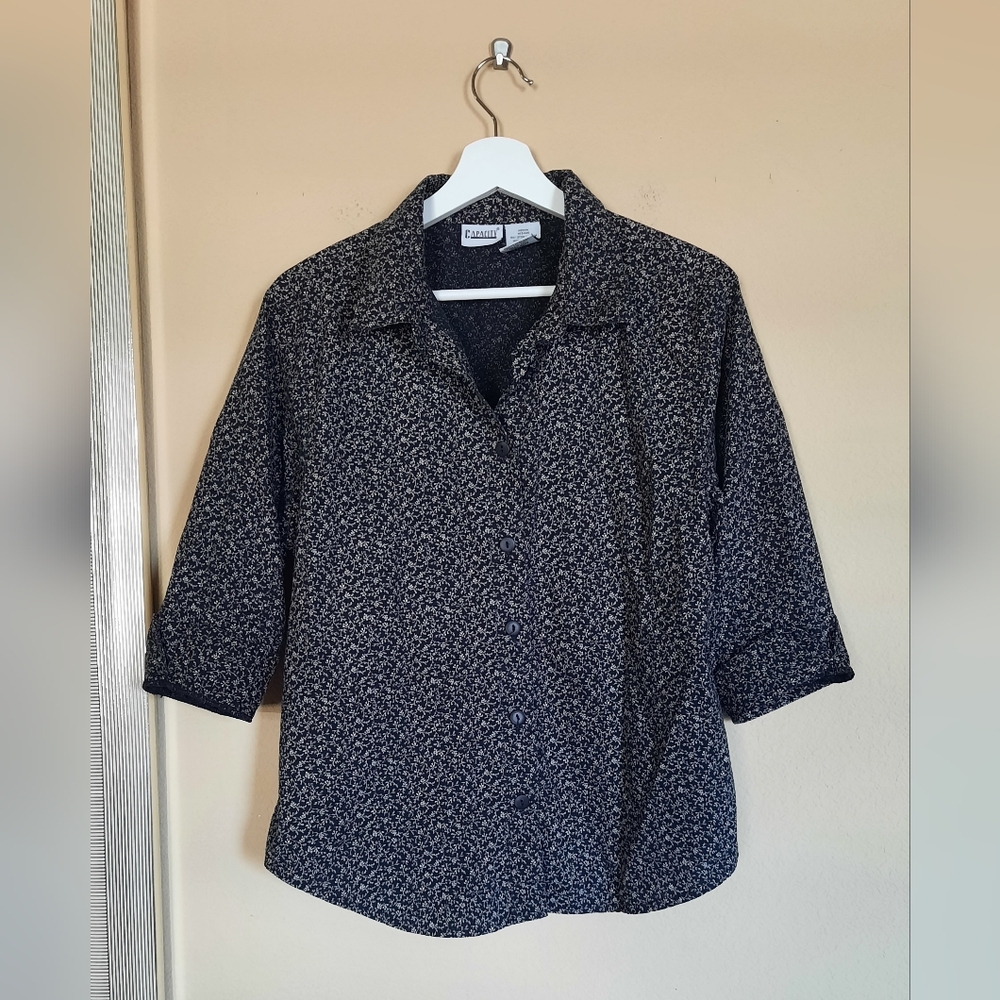 Vtg Capacity Cotton Ditsy Floral Button Down Black Patterned Women's Top